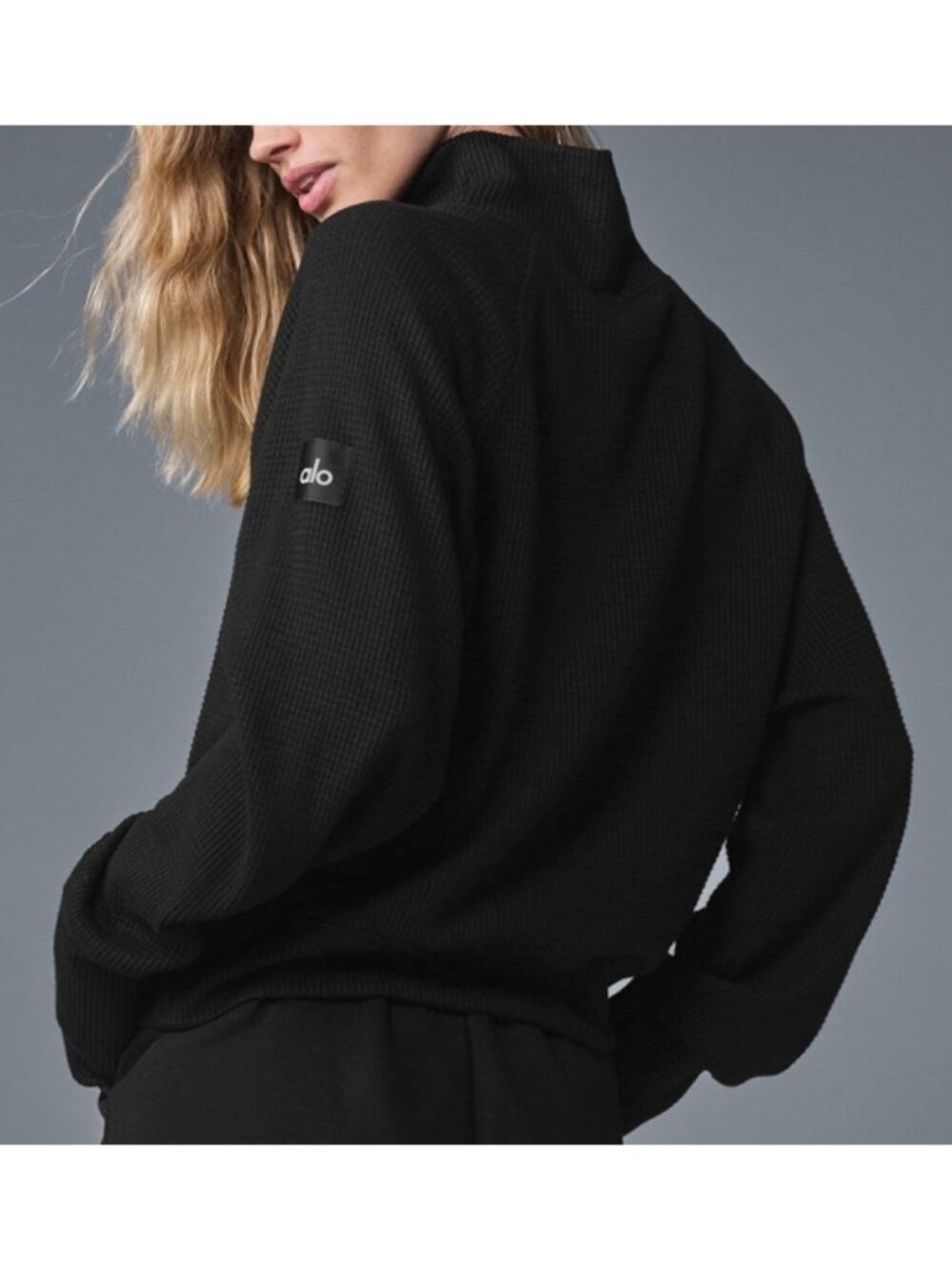 Alo Waffle Weekend Escape Mock Neck Long Sleeve Black Turtleneck Thermal Sweater - Picture 2 of 8